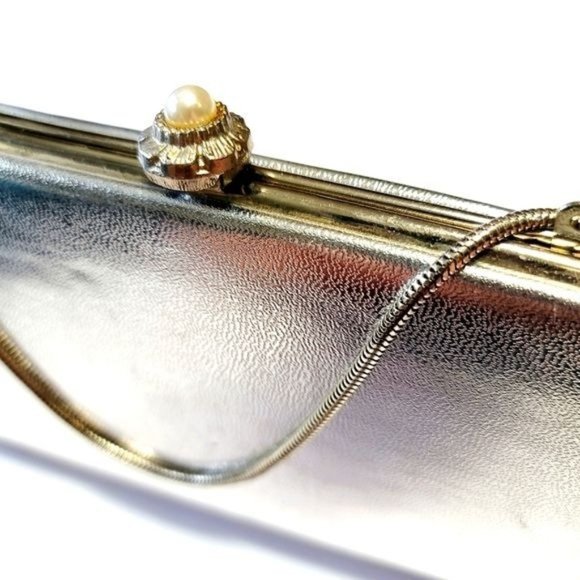 Vintage Handbags - VINTAGE Glam Silver Metallic Faux (?) Leather Pearl Snap Jeweled Clutch Handbag